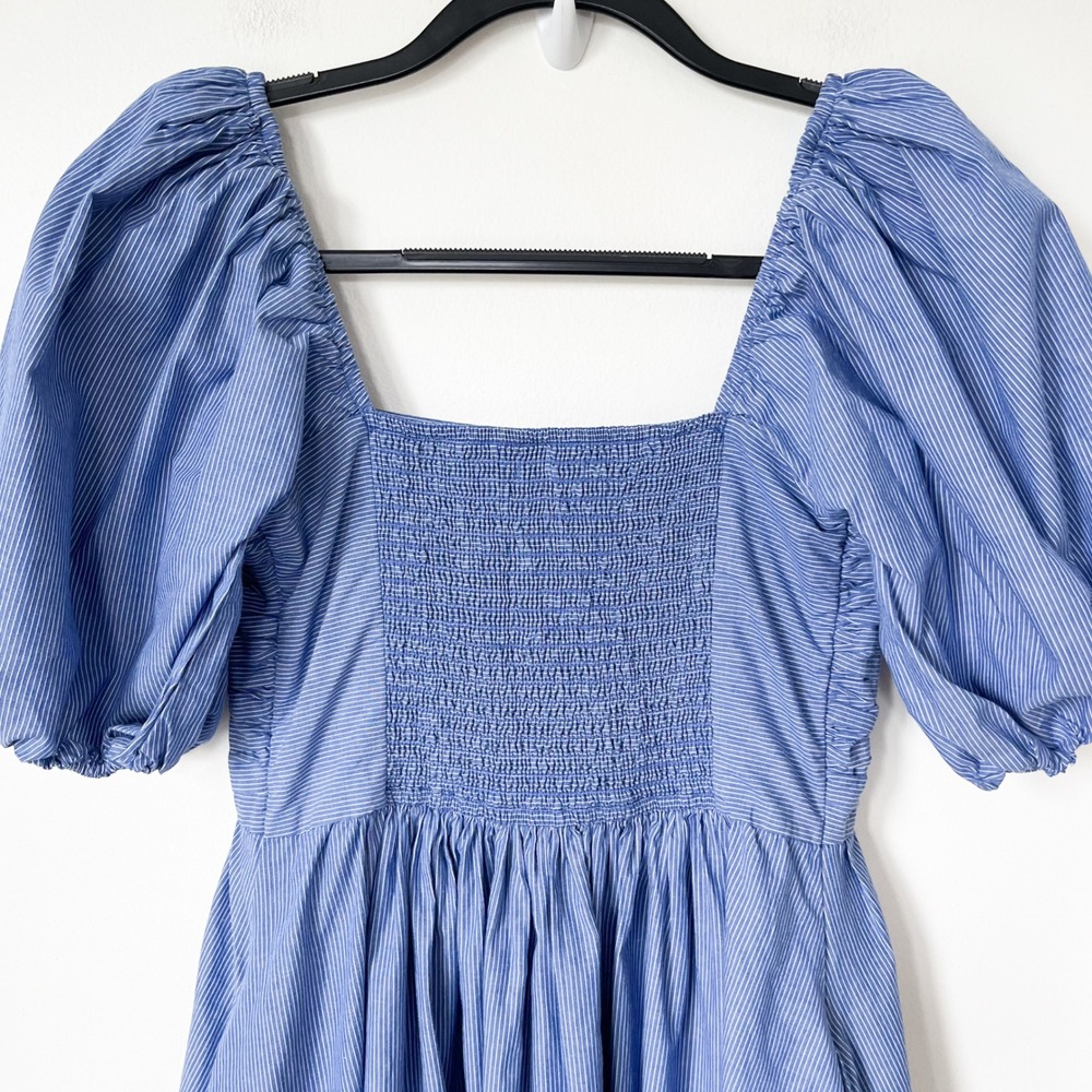 Abercrombie & Fitch Emerson Puff Sleeve Midi Dress Blue Pintstripe Womens Small - Picture 7 of 13